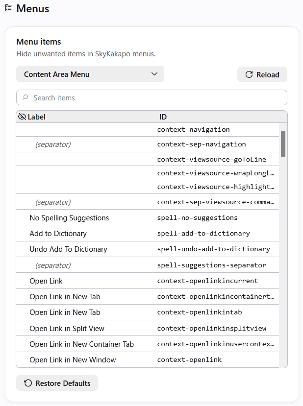 Menus settings page Menus settings page