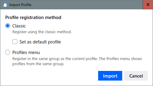 Import Profile dialog Import Profile dialog
